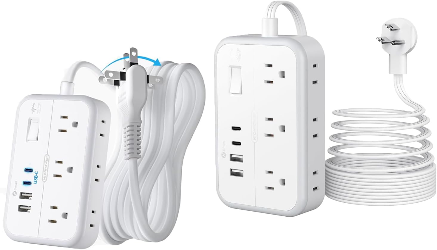 2 Prong Power Strip, 1875W 2 Prong to 3 Prong Outlet Adapter, 1080 Joules Surge Protector Power Strip with 4 USB Ports(2 USB C), 5FT Flat Plug Extension Cord for Old House, Wall Mount, White