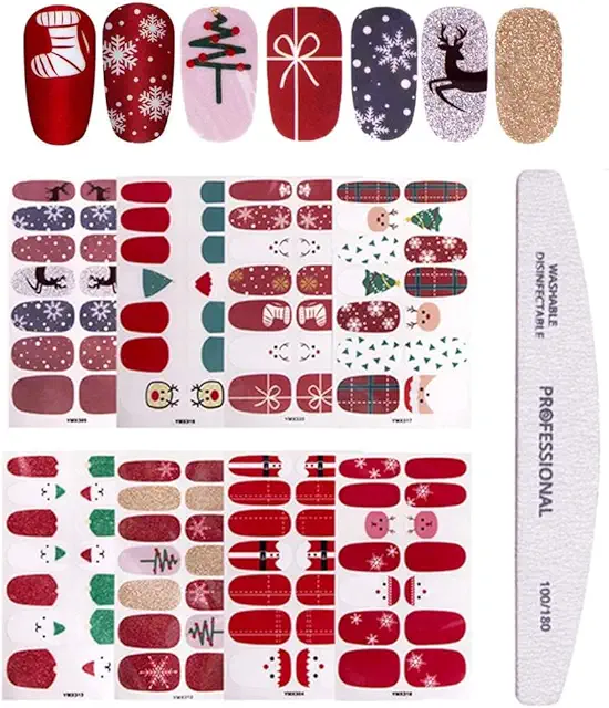 Kalolary Christmas Nail Stickers - 8 Sheets Self-Adhesive Manicure Kit with Nail File