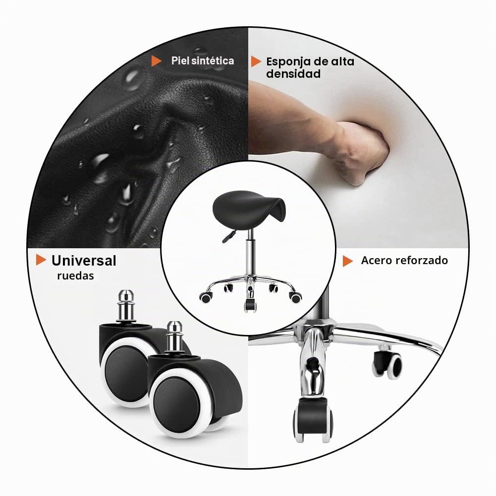 KKTONER Taburete Tipo Silla de Montar, Altura Ajustable 45-61cm, Giratorio 360° con Ruedas, Taburete de Oficina sin Respaldo para Estética, Peluquería y Hogar Negro