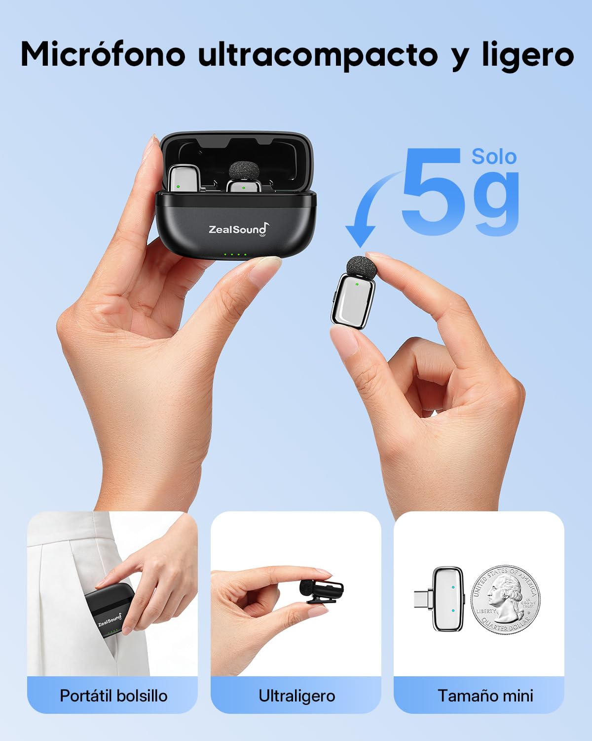 zealsound Mini Micrófono Inalámbrico Solapa para Phone 15/16 Android y PC (USB-C/Lightn-ing), 33H Duración, Reducción de Ruido, Micrófono Lavalier Inalámbrico para ASMR, Podcast, Youtube, Vlog