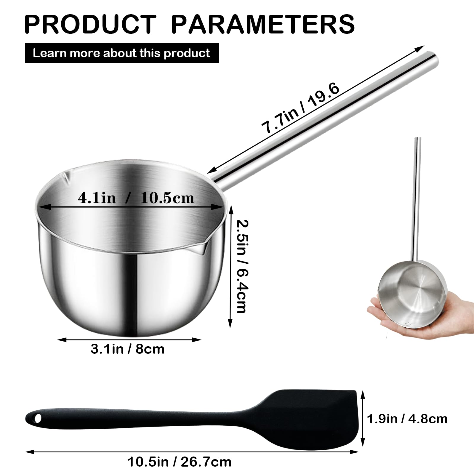 Bigwinyep Butter Warmer, 304 Stainless Steel Milk Warmer Pot Mini Sauce Pan 0.5 Quart, Melting Pot with Silicone Spatula for Chocolate,Candy,Coffee Tea Soup, 500ML, Silver