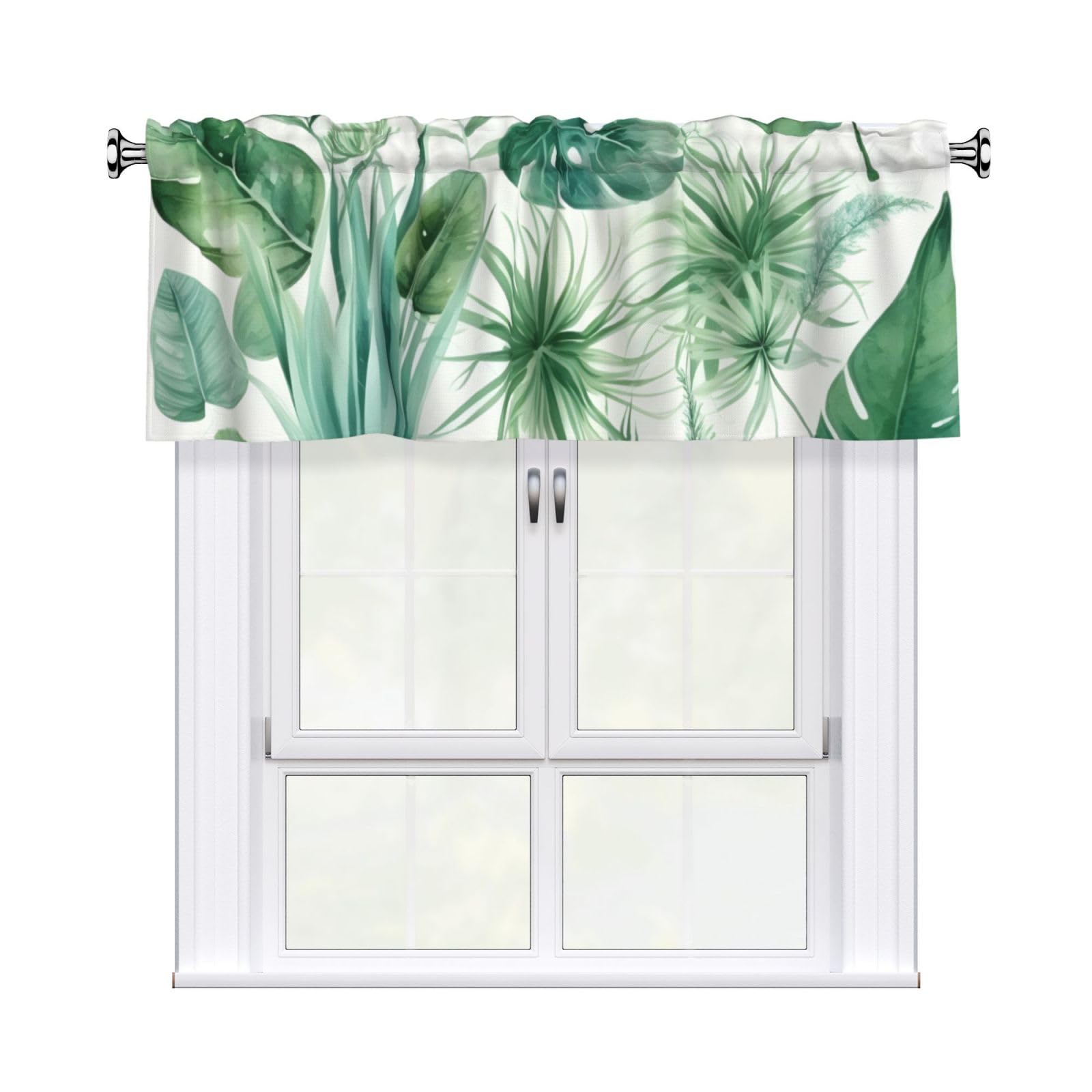 Mexpekil Short Rod Pocket Curtain Valance, Tropical Green Leaves Plant Window Treatment for Kitchen Bedroom Bathroom, 1 Panel, 54" W x 18" L