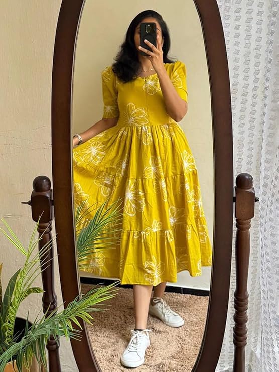 Image of Women Floral Print Cotton Blend Midi Dress, Short Sleeve