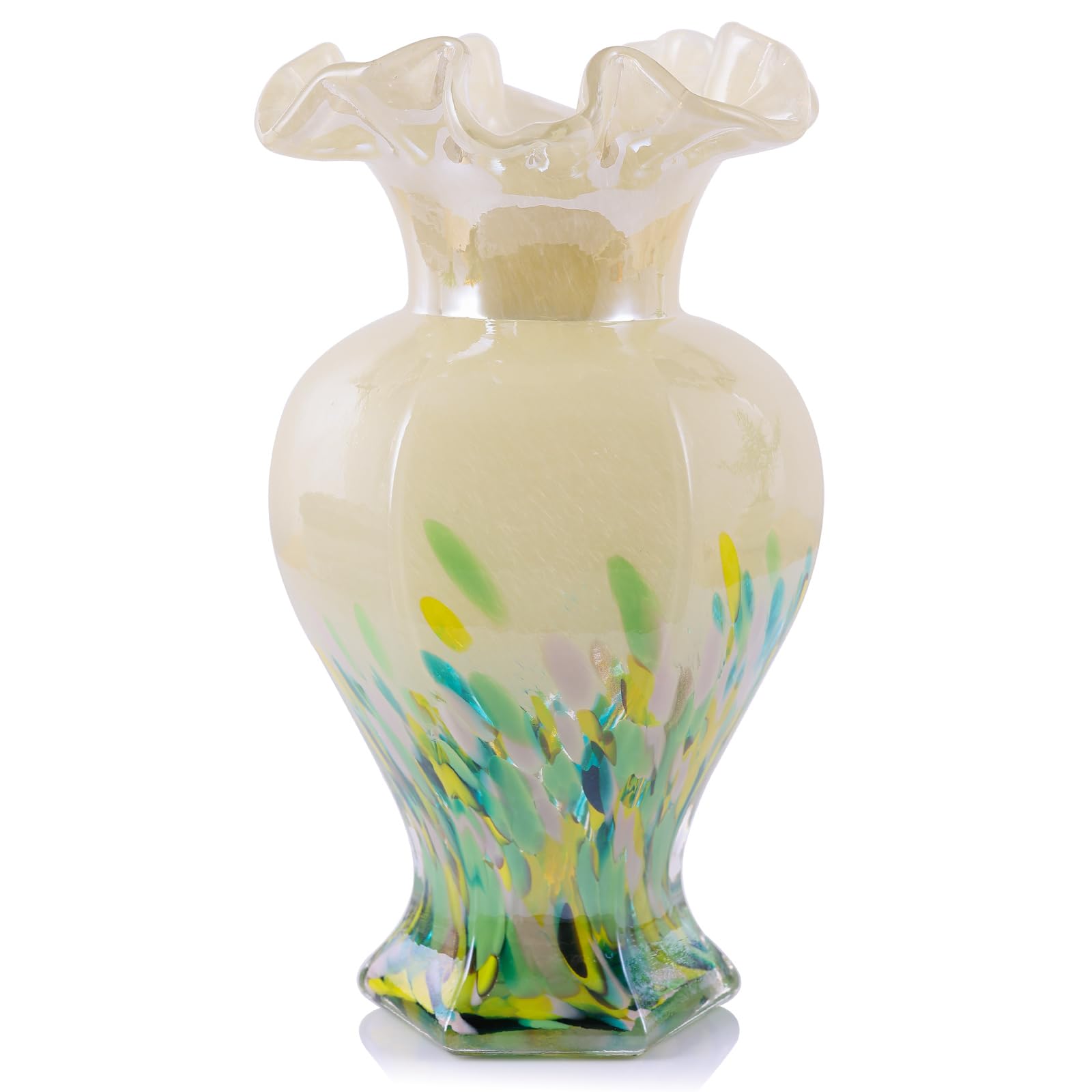 LCCCK Jarrón de cristal verde de 9.5 pulgadas de alto, hermoso jarrón de flores de vidrio soplado a mano para centros de mesa, moderno arte de cristal de Murano, jarrón verde, para decoración del