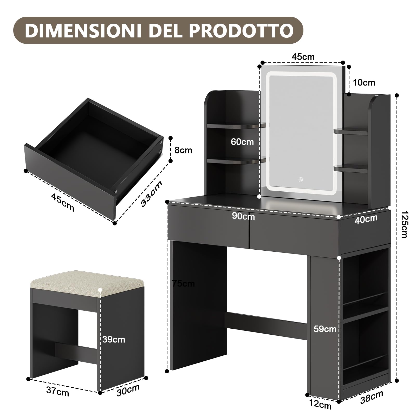 TRIUMPHKEY Toeletta da Trucco con luce LED, Tavolo da Toilette con Specchio e Sgabello,Postazione Trucco,Luminosità Regolabile,2 cassetti, Arredamento Moderno per la Camera da Let (Nero)