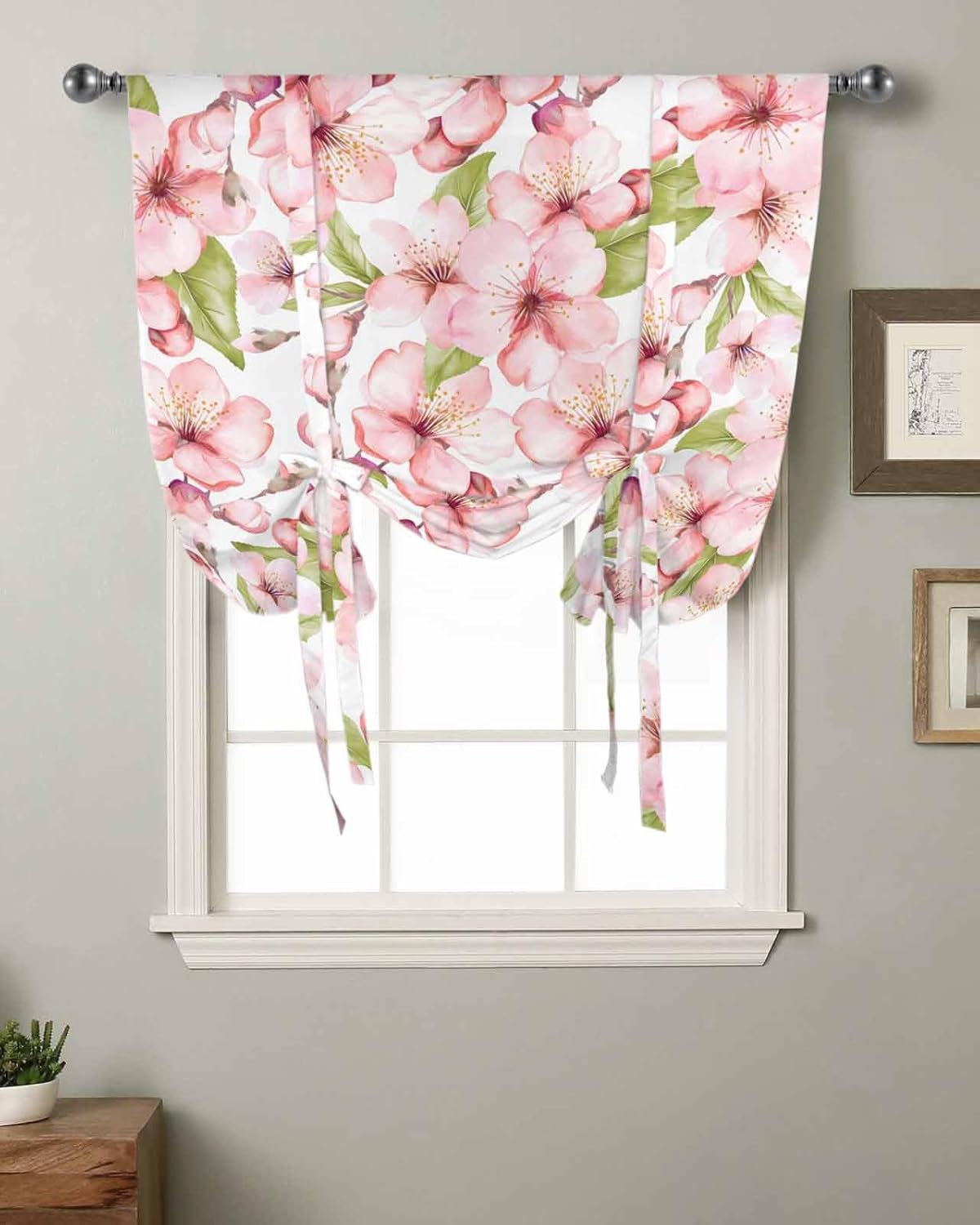 Yukro Tie Up Curtains Window Shades, Spring Peach Blossom Flower White Background Rod Pocket Tie Up Window Shade, Adjustable Balloon Curtain Shade for Blinds Kitchen Bathroom, 1 Panel, 52"x63"