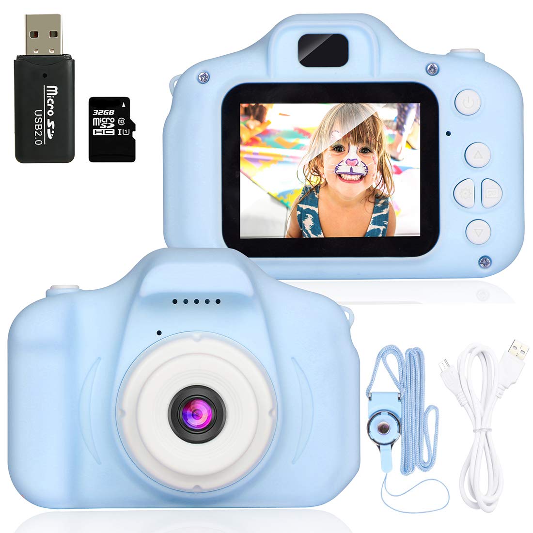Kids Camera, 1080P Children Digital Cameras, IPS 2 Inch Screen and 32GB SD Card Kid Action Camera Toddler Video Recorder for 3-10 Years Boys Girls Birthday Festivals Gift (Light Blue)