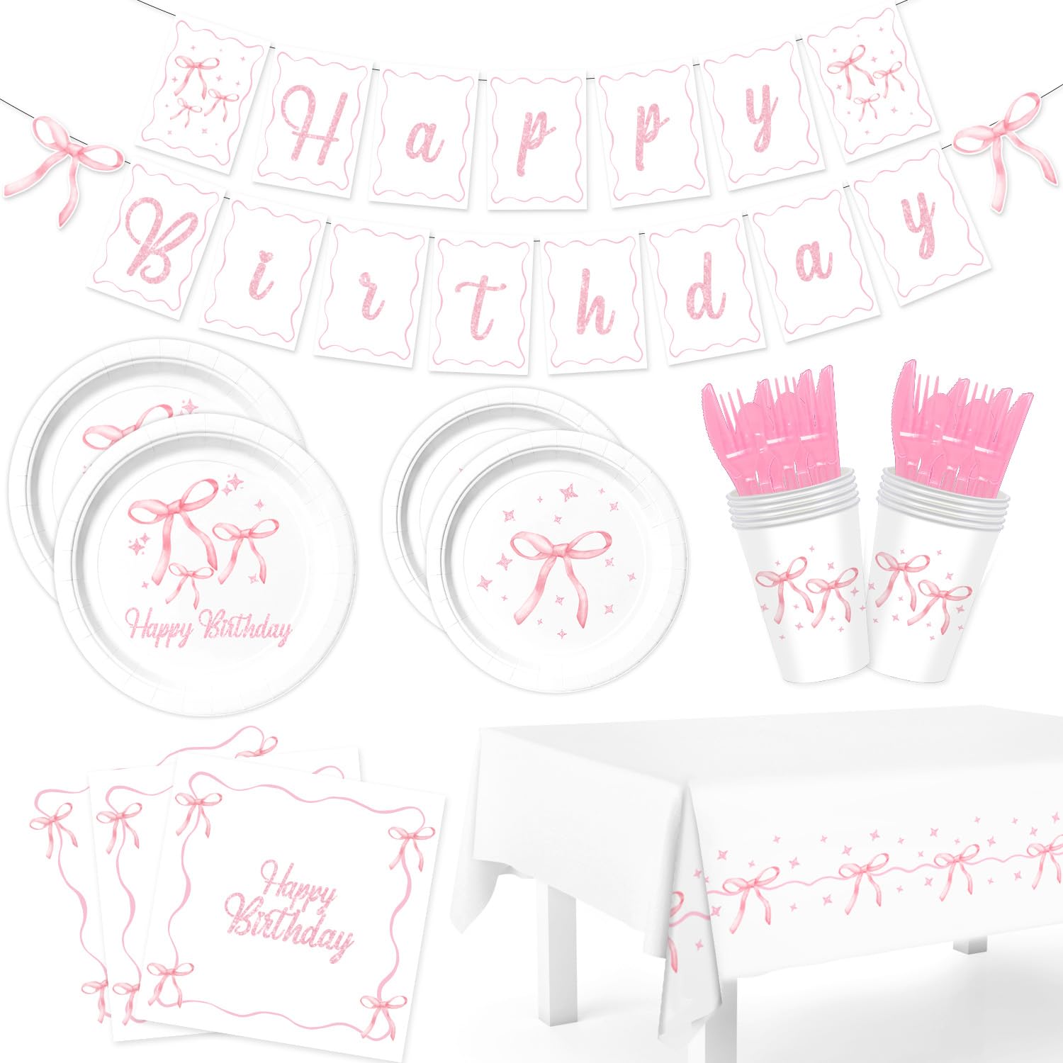 Pink Bow Birthday Party Decorations, 170 Pcs Coquette Birthday Decorations Includes Pink Plates Banner Napkins Table Clot...