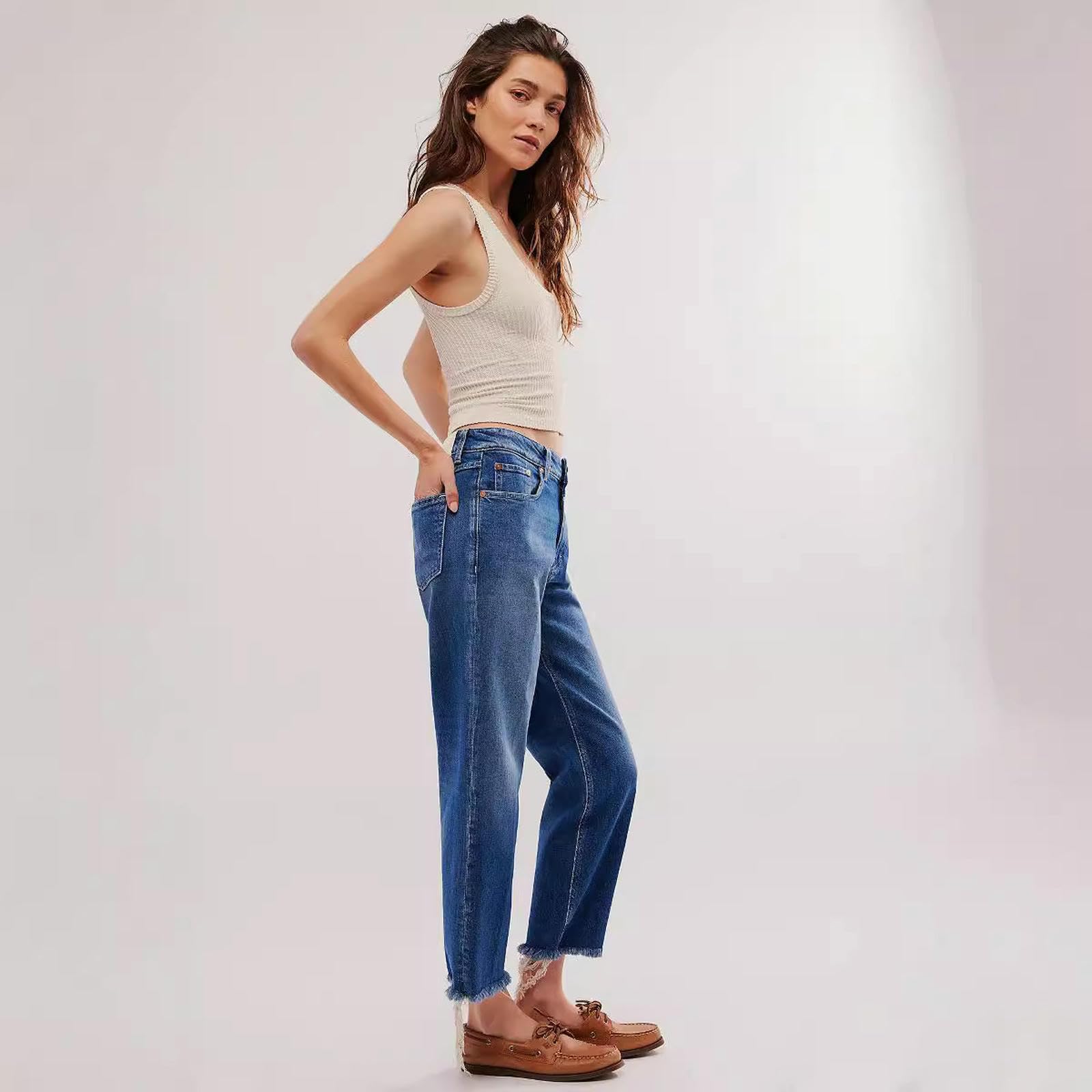 Jeans Donna Larghi da Gamba Dritta Orlo Sfilacciato Larga Jeans-Blu Scuro-l