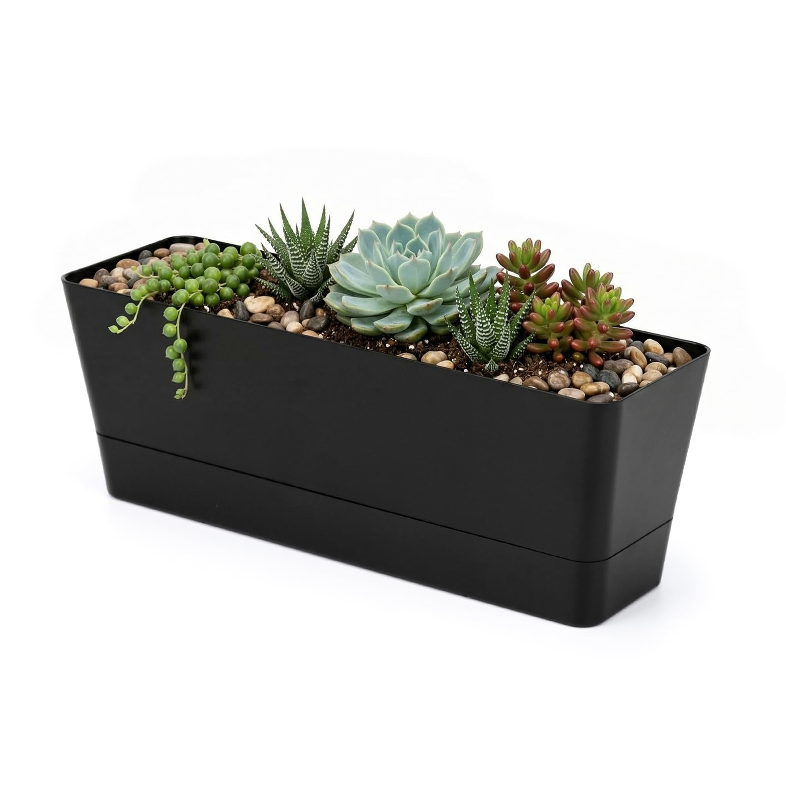 GREANER 12x3.8 Inch Herb Planters, 1 Pack Rectangle Window Boxes with Tray, Indoor Succulent Cactus Mint Plastic Pot for Windowsill, Balcony, Office, Outdoor Garden - Black