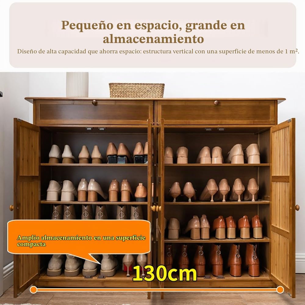 Armario Zapatero de Bambú Estilo Chino Moderno | 4 Niveles, Cajón Abatible y 4 Puertas Ventiladas + 2 Cajones Inferiores | para Recibidor, Pasillo y Hogares (Marrón, 130x35x100cm)