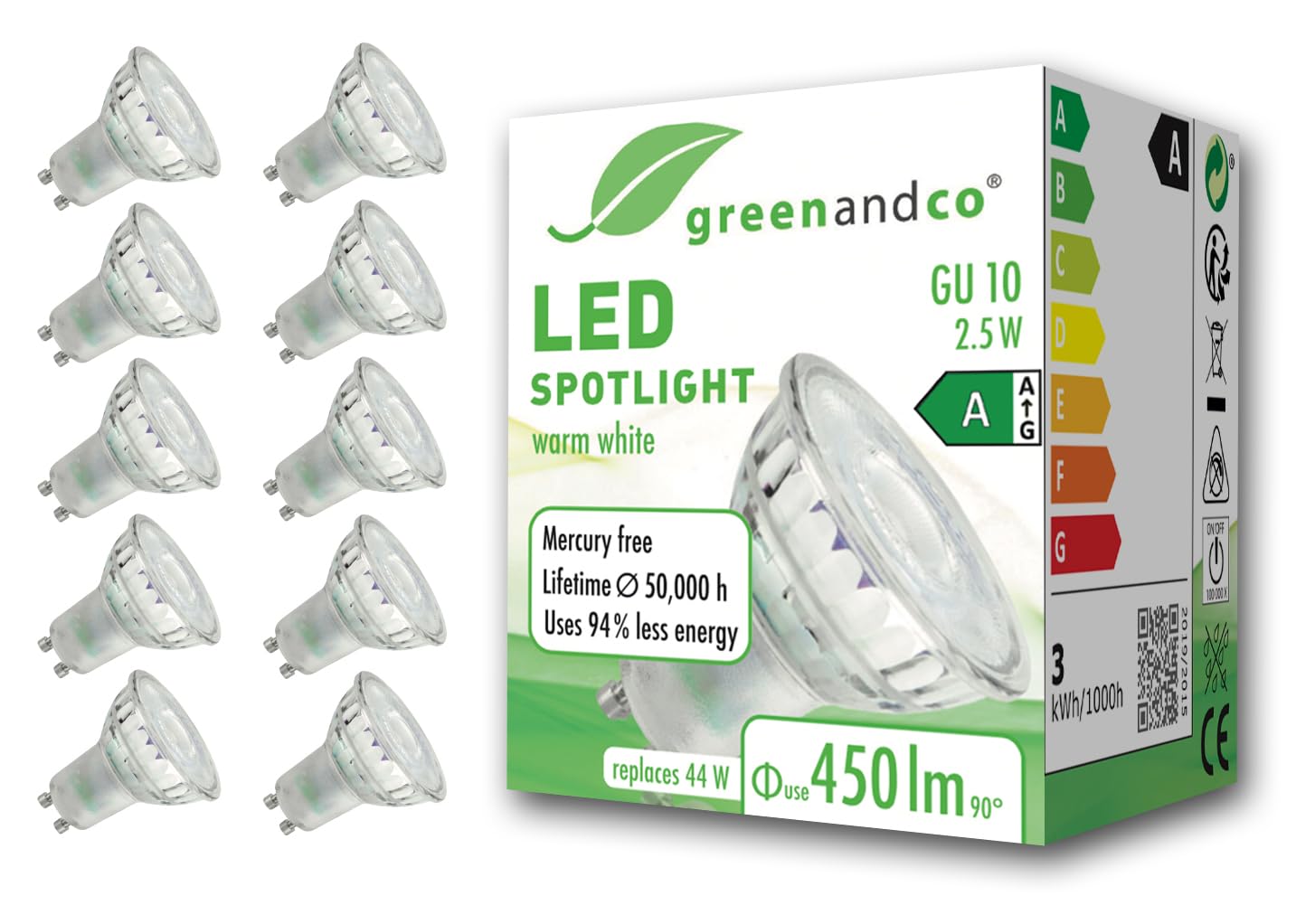 greenandco 10 x LED spotlight, GU10, 2.5 W, 450 lm, 3000 K, warm white, 36°, 230 V, flicker-free, energy efficiency class A, not dimmable
