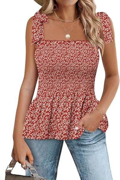 Micoson Ruffle Tank Tops for Women Summer Square Neck Sleeveless Tops Tie Shoulder Chiffon Blouse Babydoll Shirts