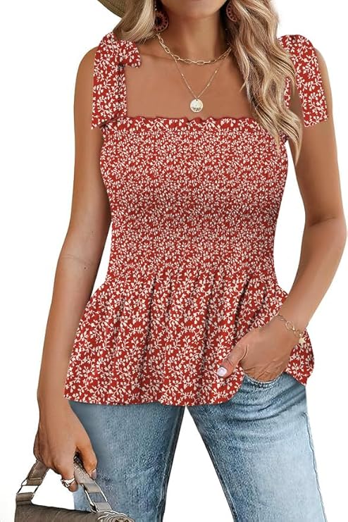 Micoson Ruffle Tank Tops for Women Summer Square Neck Sleeveless Tops Tie Shoulder Chiffon Blouse Babydoll Shirts