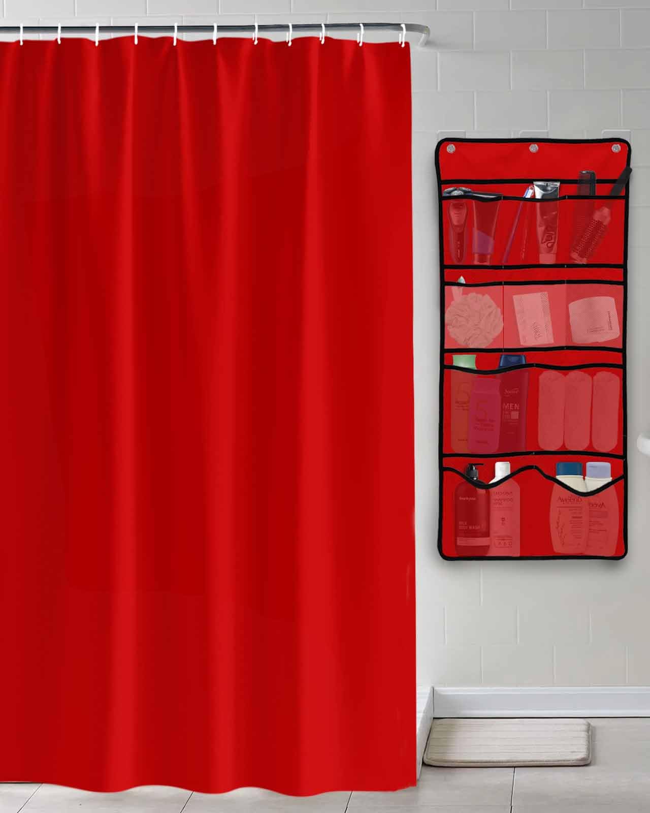 Shower Curtain Mesh Shower Organizer Hanging Set Christmas Red Waterproof Shower Curtains with 10 Pockets Quick Dry Shower