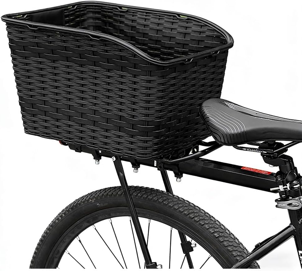 Rear Bike Basket for Pets, Bicycle Basket Carrier for Rear Rack, Expandable Cover Lid, Sturdy Woven-Style Cargo Basket with Handle, Easy Installation Bike Basket for Small Dog Cat