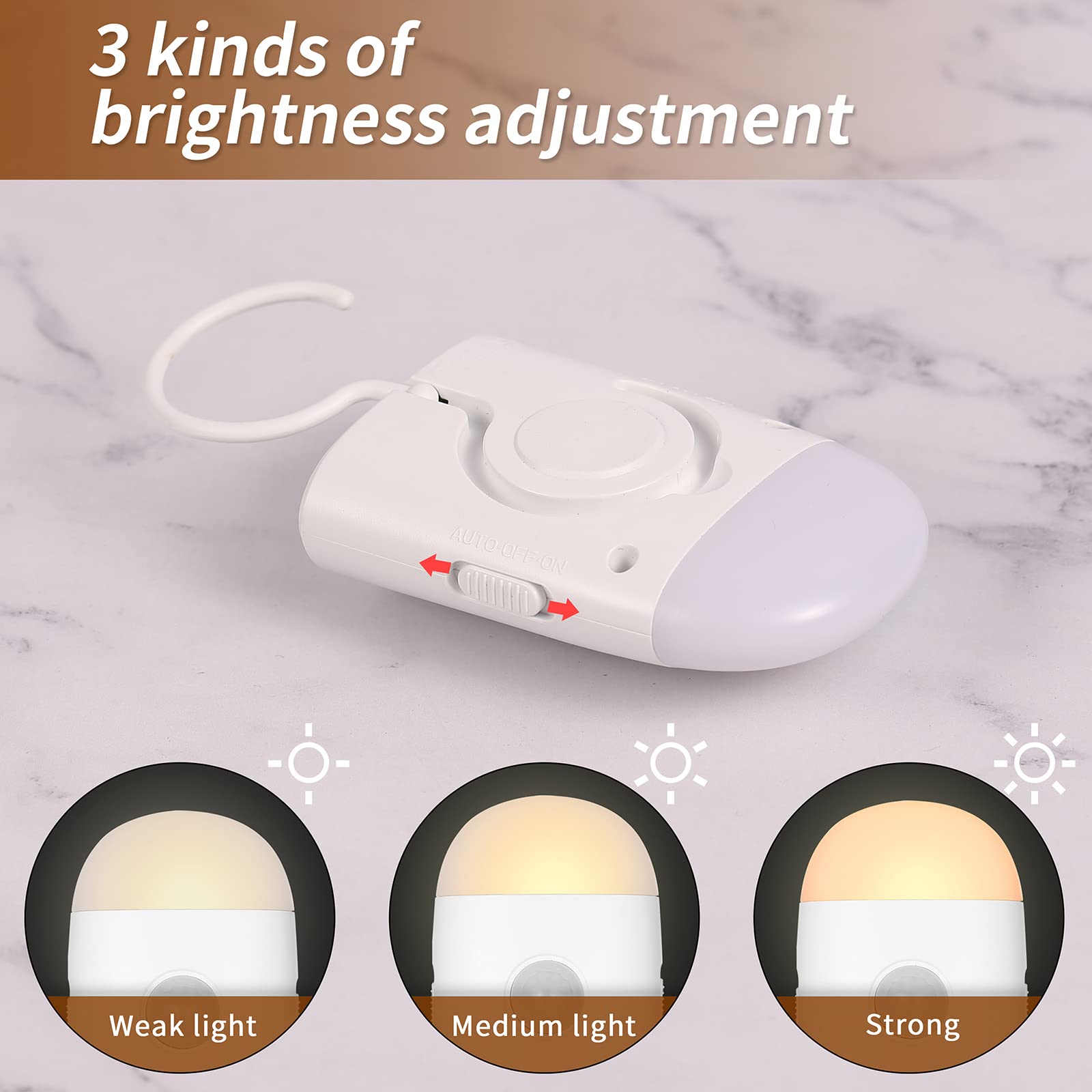 Luces LED de noche con sensor de movimiento, color blanco cálido con batería recargable de brillo ajustable, con gancho y adhesivo para armario, armario, pasillo, escaleras (1 unidad)