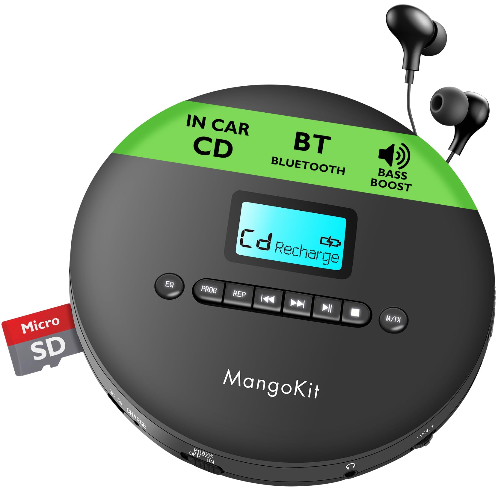 MangoKit CD-X Portable CD Player on a wooden bench outdoors, with a backpack and water bottle, illustrating its compact and lightweight design and 12-hour battery life.