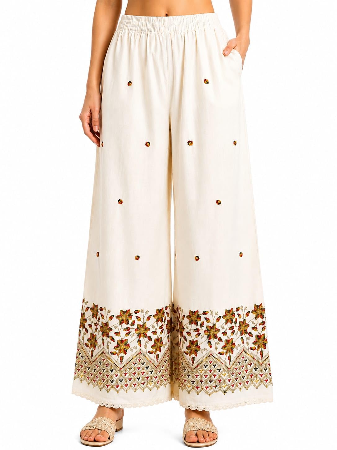 Women's White Cotton Palazzo Pants with Floral Embroidery-picture-34