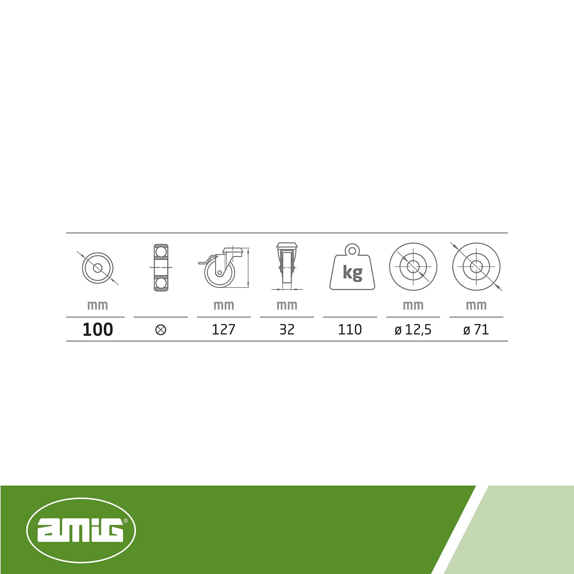 Amig - Pack 4 Ruedas con Freno Para Muebles - Ø 100 mm - Ruedas Giratorias Sin Placa de Montaje - Peso Máximo 110 Kg - Para Mover Muebles Pesados - Rodamientos Rodillos - Núcleo Plástico - Goma Gris