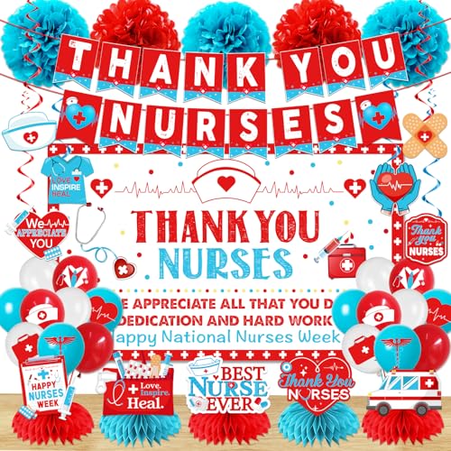 Nurses Week Decorations Nurse Week Decoration 2026 includes Thank You Nurse Banner Backdrop Balloons Honeycomb Centerpieces Hanging Swirls for Nurse Appreciation Decorations Party