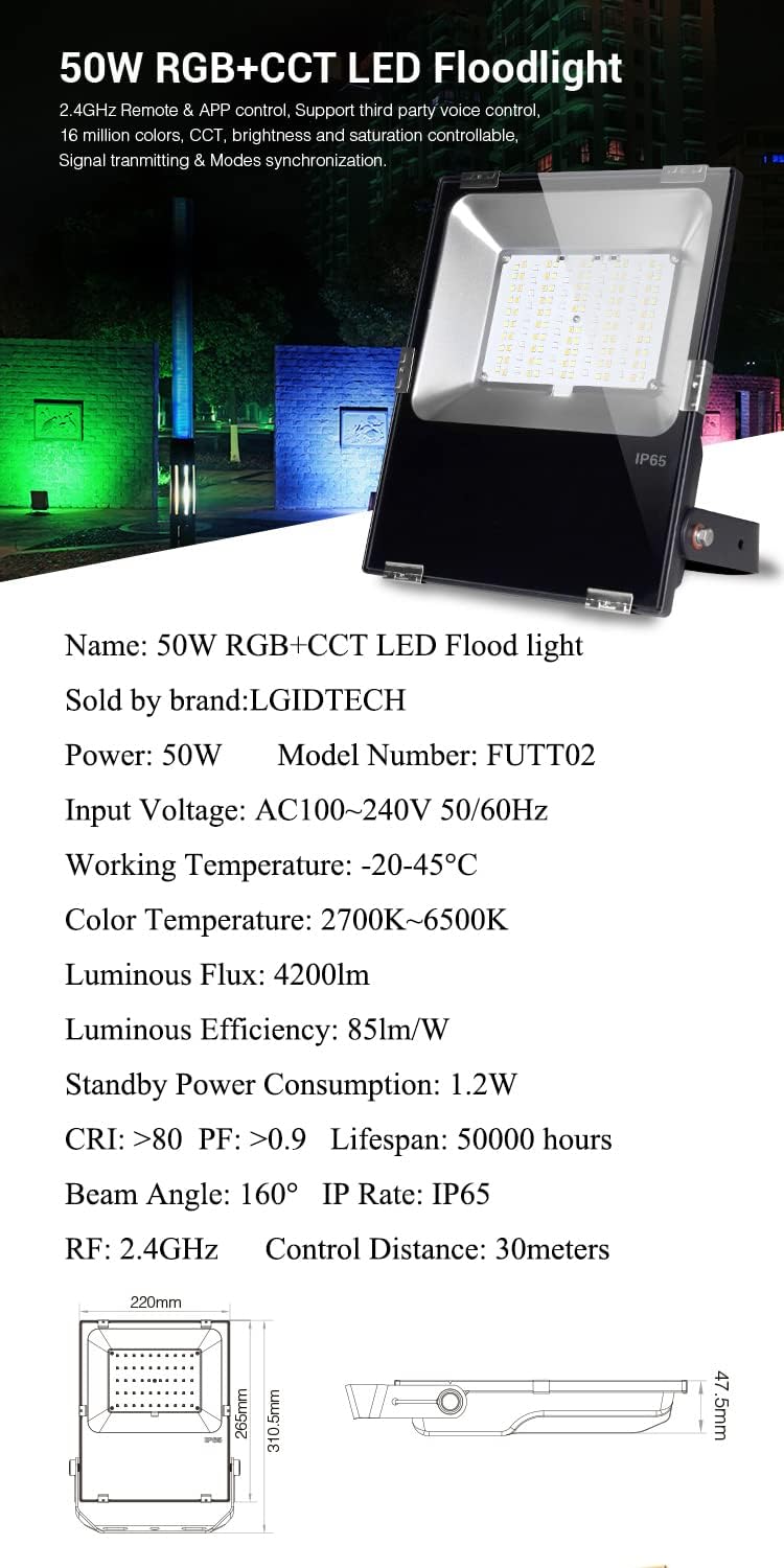 LGIDTECH FUTT02 Miboxer 50W RGB+CCT Outdoor Waterproof Landscape Lighting LED Flood Light Fixture AC100-240V Color Changing,2700-6500K Color Temperature Adjustable