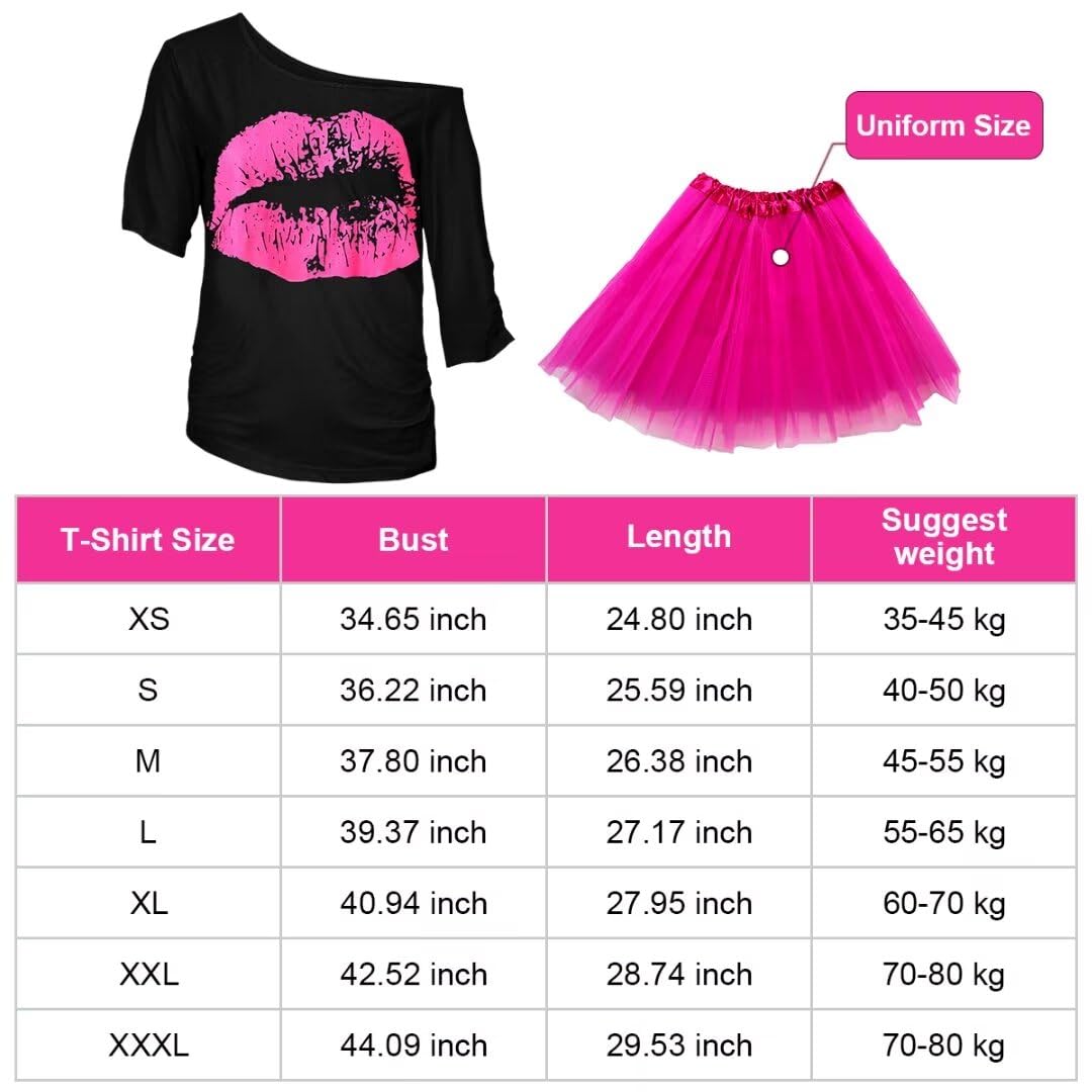 WILDPARTY 80s Fancy Dress for Women Lip Print T-shirt, Tutu Skirt, Leg Warmers, Necklace, Fishnet Gloves, Earrings - Image 2
