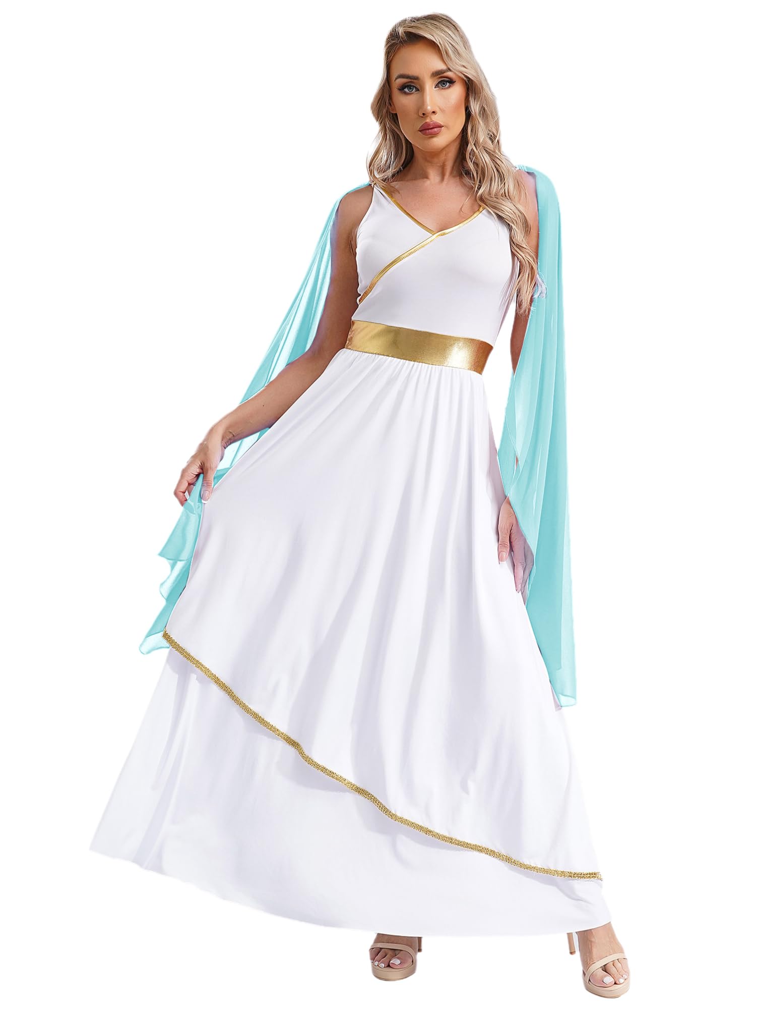 dPois Greek Goddess Costume Robe for Women Elegant Dress Sleeveless Caesar Roman Costume Long Dress Princess Party Ceremony