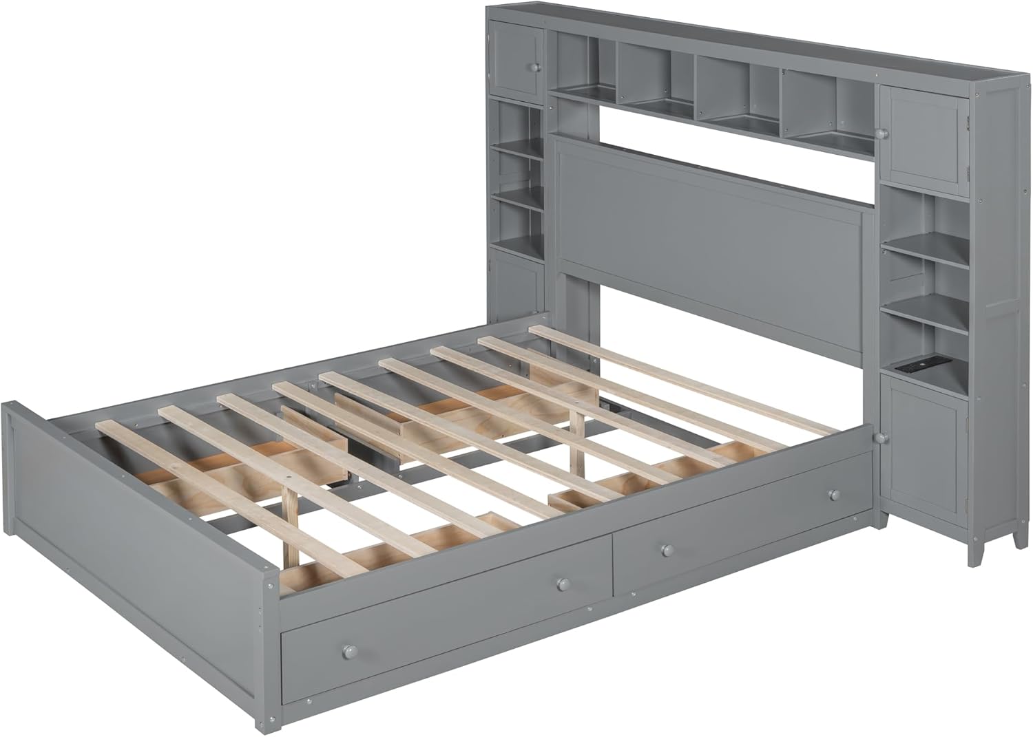 JULYFOX Wood Bed Frame Queen with Storage, Solid Pine Wood Platform Bed with Headboard 4 Drawers Underneath 10 Shelves 4 Storage Cabinet No Box Spring Needed Space Saving(Queen,Grey)