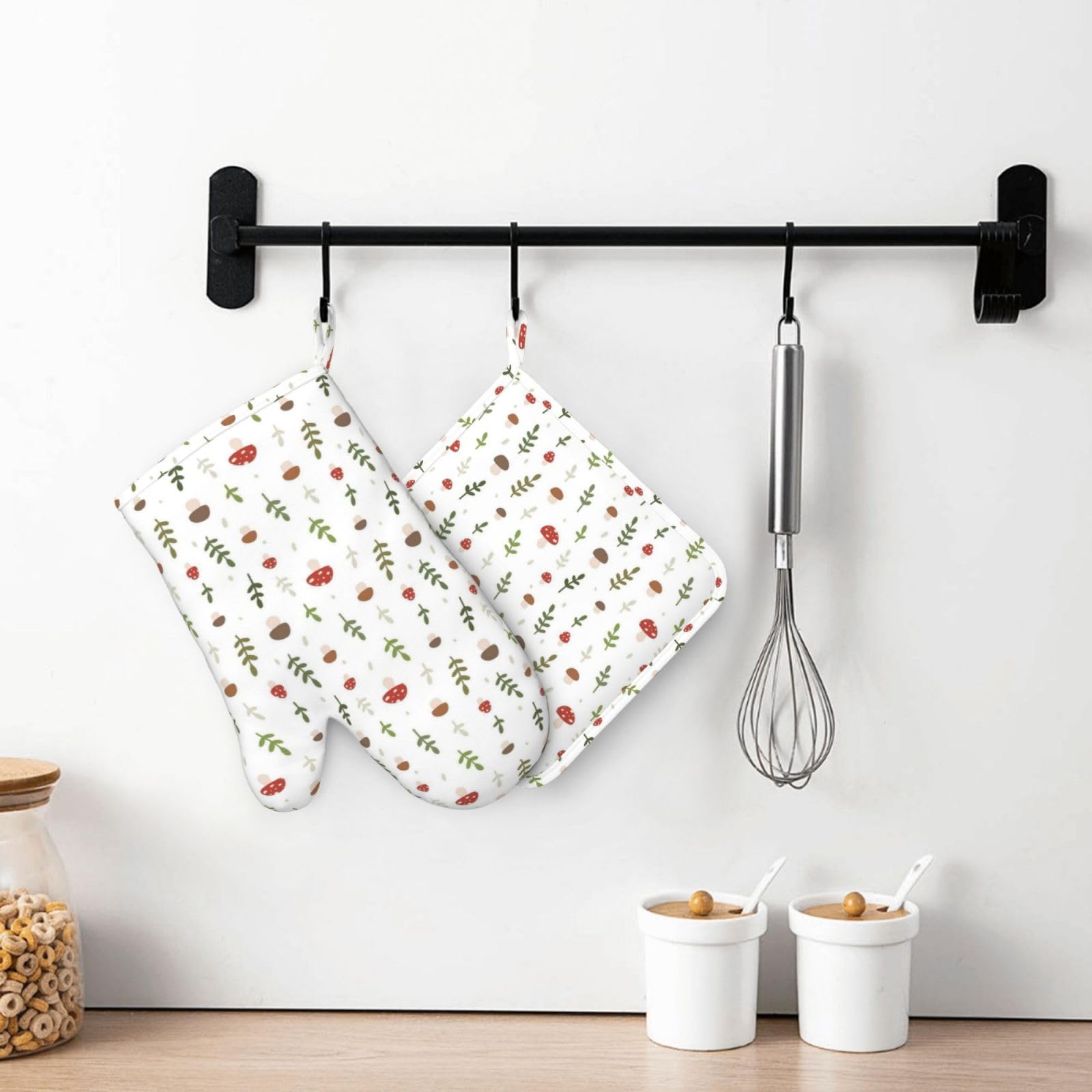 Lot de 4 maniques et grilles de cuisson Motif champignons