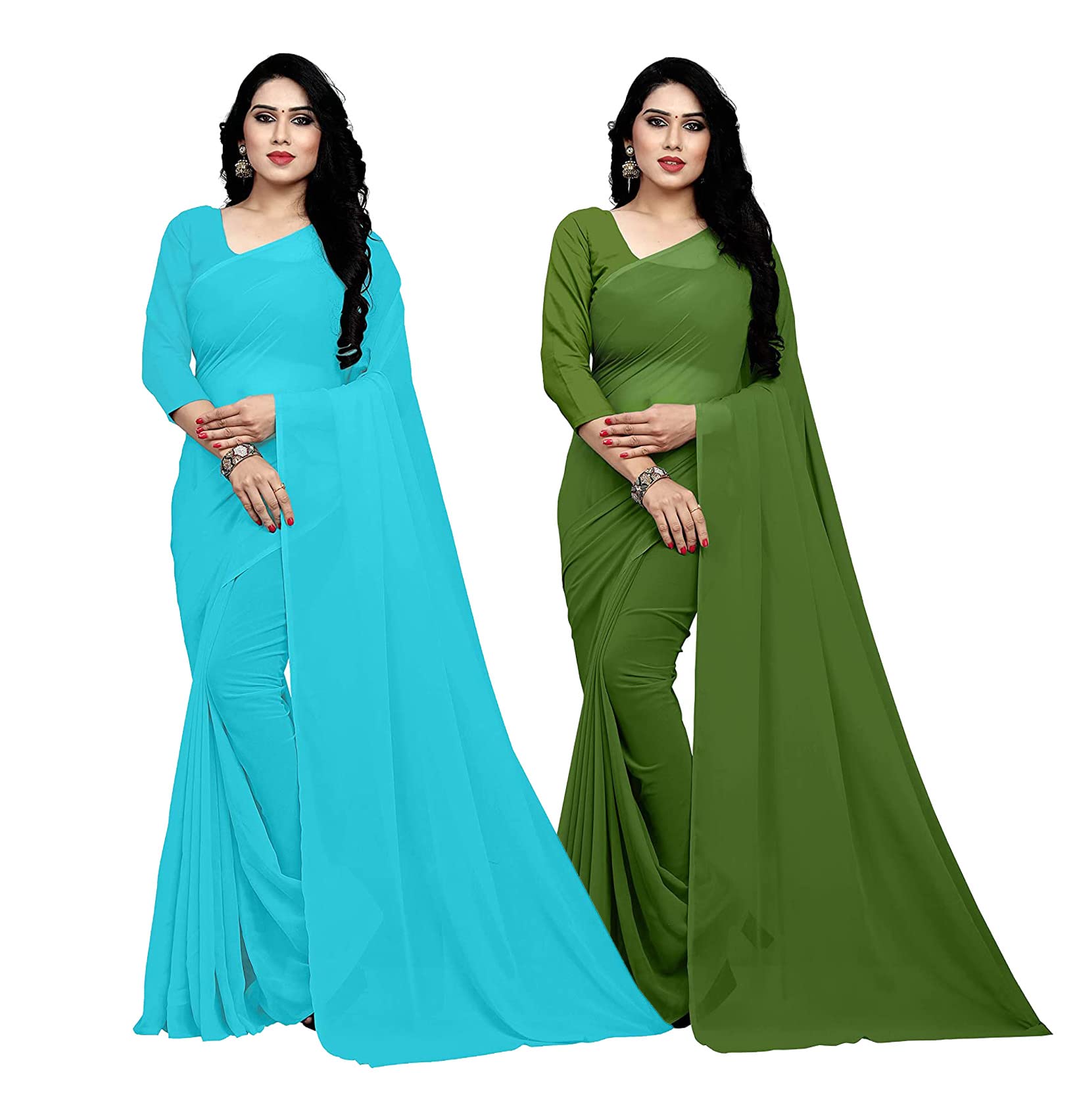 FASHION X Women's Pure Georgette Combo Saree With Blouse Piece - FAX_CM-05-GRN