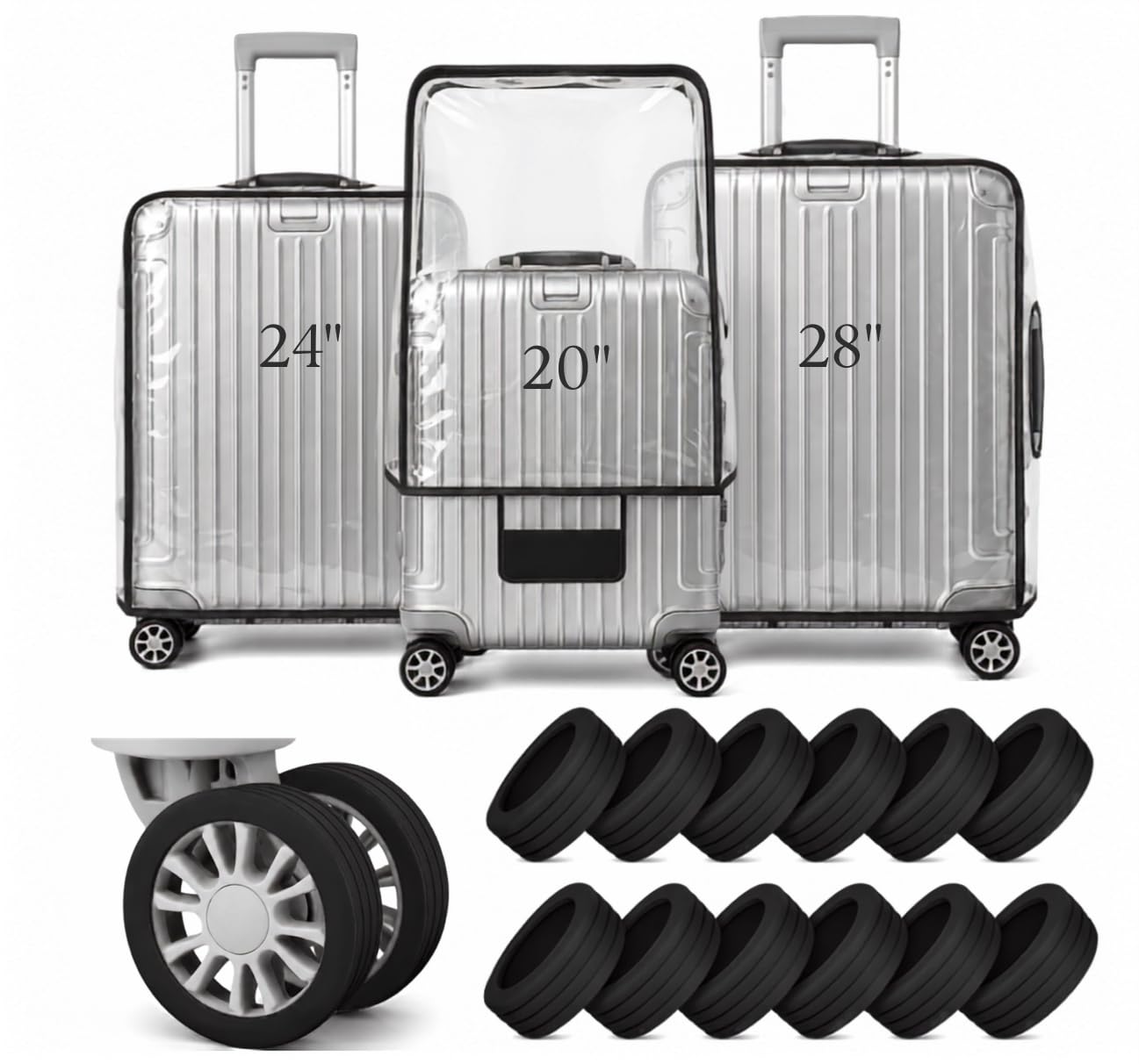 3 Pcs Luggage Cover with 24 Pcs Wheel Covers Thicken Clear PVC Suitcase Cover, 20" 24" 28" Luggage Protector Transparent Waterproof Dustproof Anti-Scratch for Travel Cabin Trolley Bag Cover-image-17