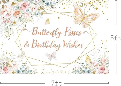 Miniatura 3 de Fondo de fotografía de mariposas de 7 x 5 pies con diseño de besos y deseos de bebé, decoración de baby shower para niñas, decoración de princesa
