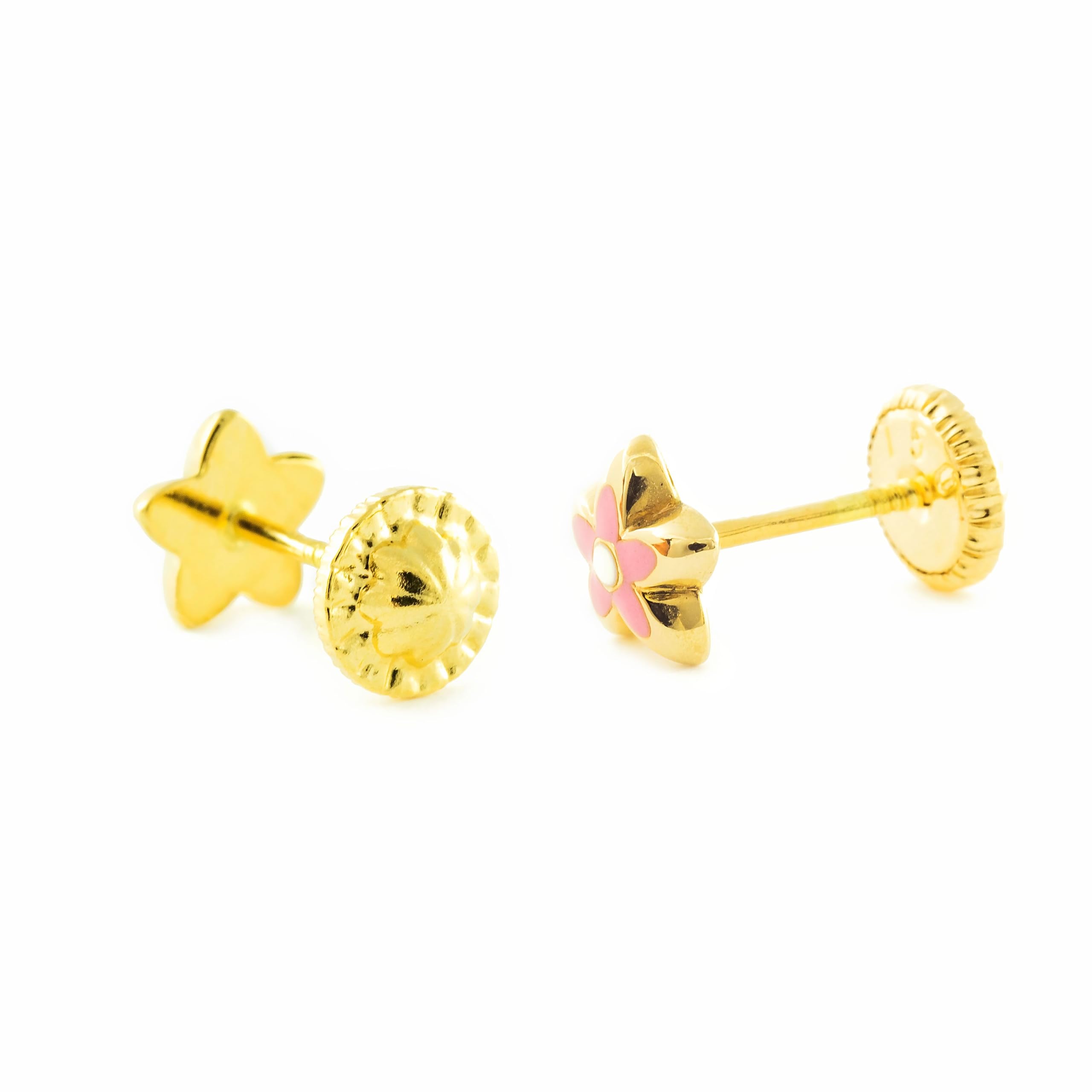 Pendientes Bebe-Niña Oro Amarillo 18K Flor Esmalte Rosa Brillo - Certificado Garantía - Mondepetit - 2675