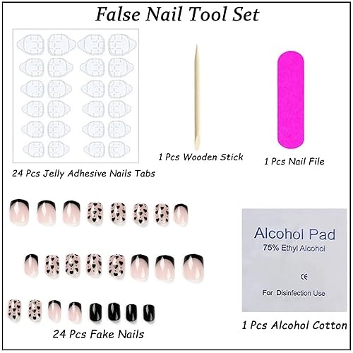 Miniatura 3 de Uñas postizas cuadradas cortas para el día de San Valentín con pegamento en corazones negros con diseños de puntas francesas uñas postizas acrílicas