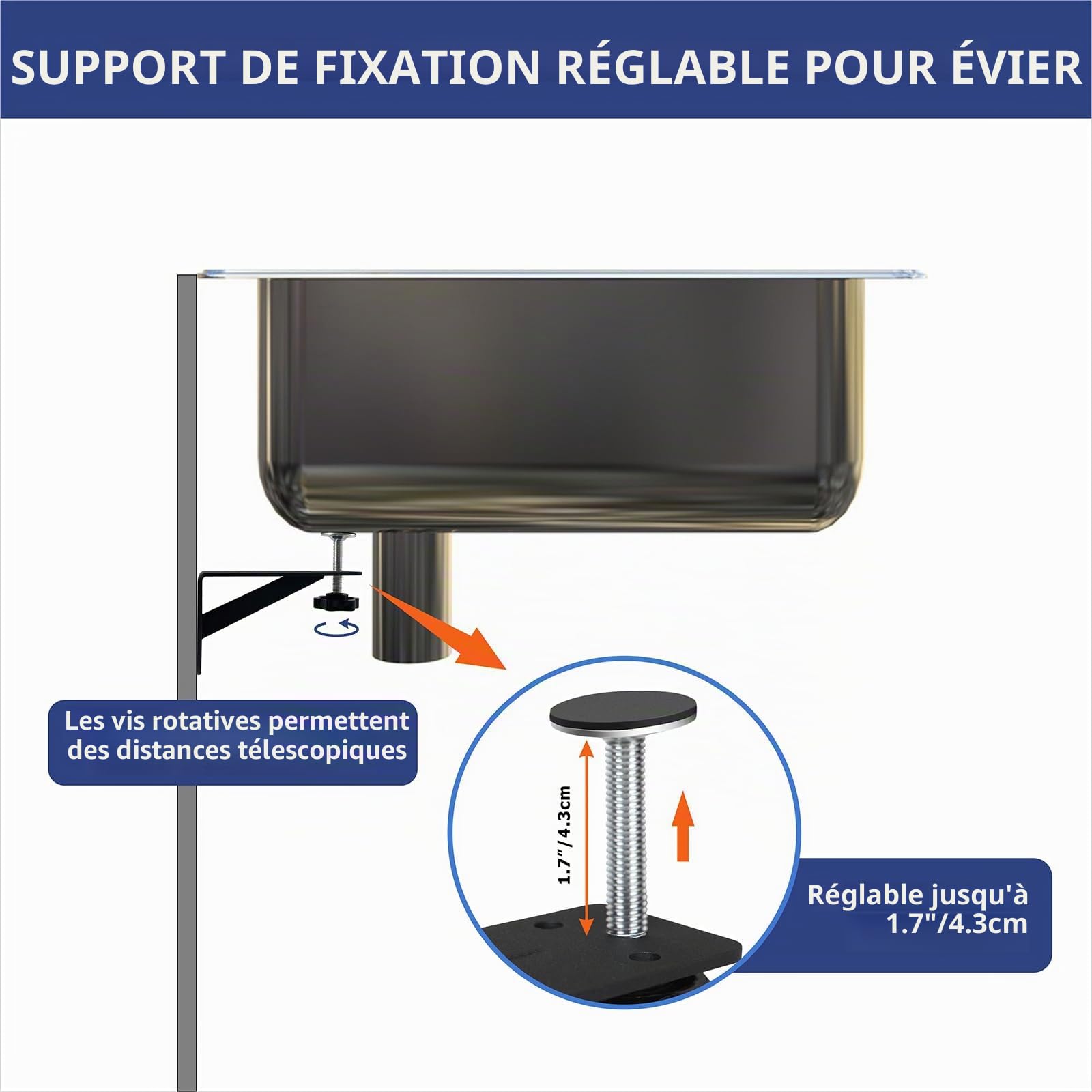 Lot de 4 Support D'Évier Encastré, Réglables Support En Acier Inoxydable, Kit De Support D'Évier Encastré, Système D'Installation Et Réparation Pour Évier De Cuisine