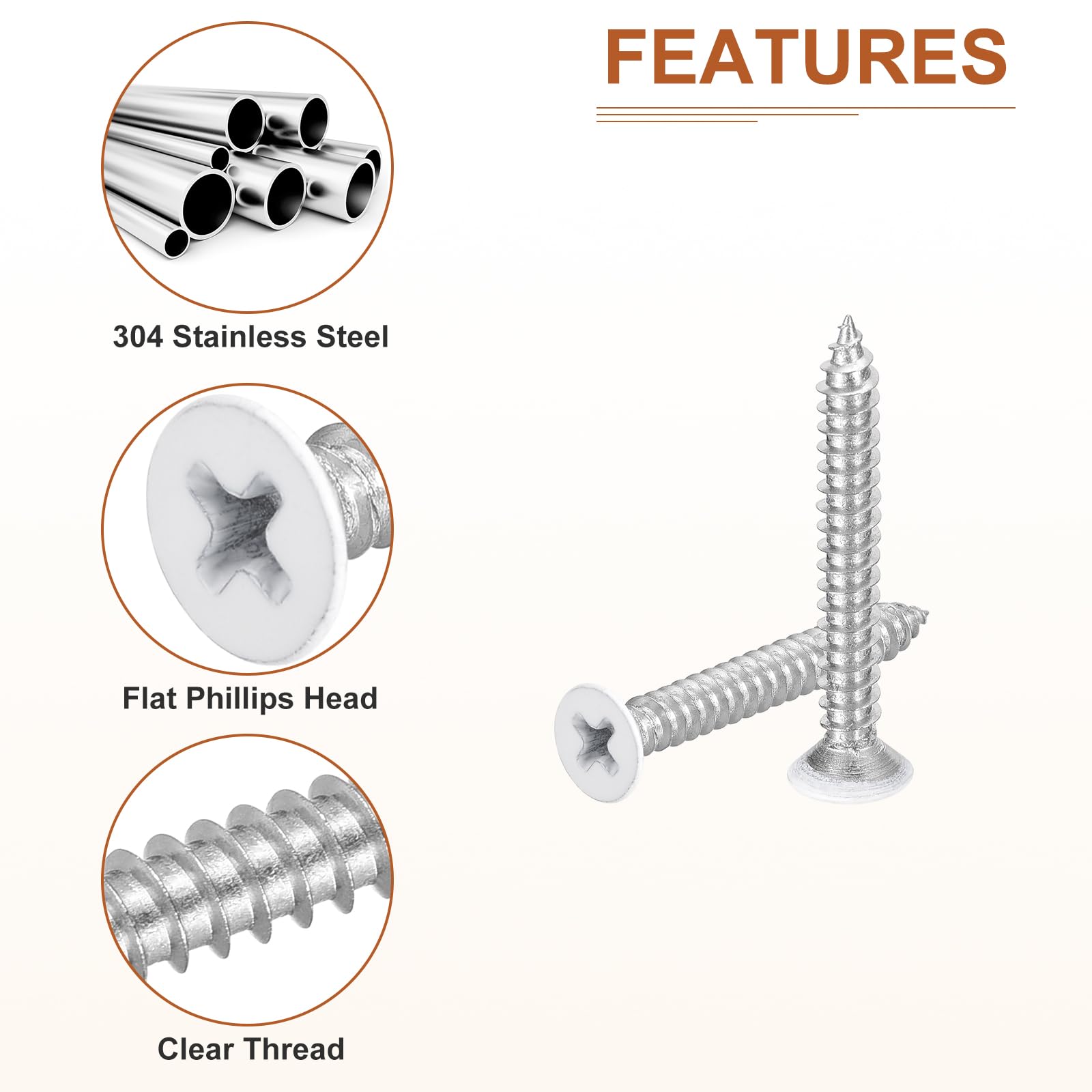 DTGN 100Pcs #8x1-1/2" Flat Head Wood Screws, 304 Stainless Steel White Phillips Self Tapping Screws - Good for Woodworking, Furniture - White - Image 4