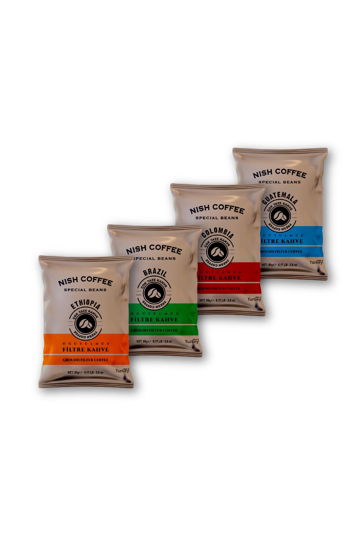 Nish Filtre Kahve 4'lü Tadım Seti (80 gr x 4 Adet)-(Colombia-Guatemala-Brazil-Ethiopia)