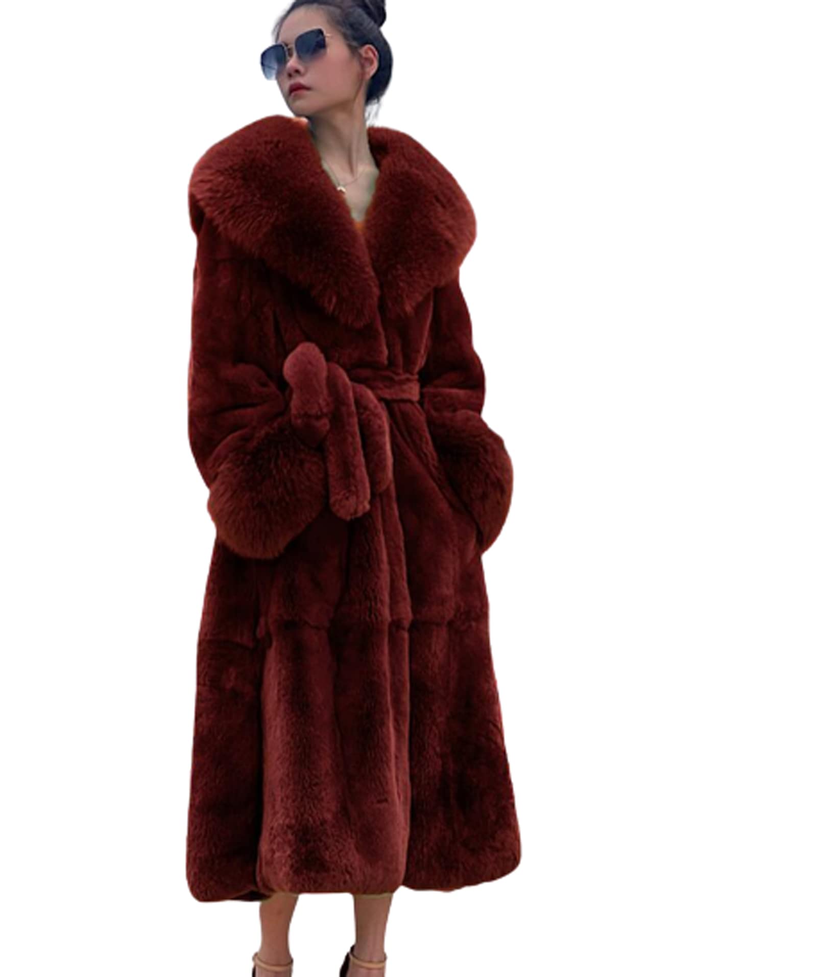 Womens Winter Fur Collar Coats, Women Faux Furs Coat Warm Outerwear Long Coat, Ladies Loose and Casual Outwear,Burgundy,XL