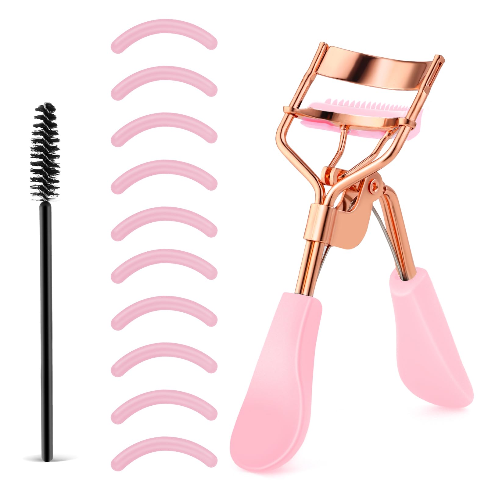 Rizador de pestañas de acero inoxidable con 10 almohadillas de repuesto de silicona, herramienta de maquillaje profesional con peine integrado para mujeres y niñas de todas las formas de ojos