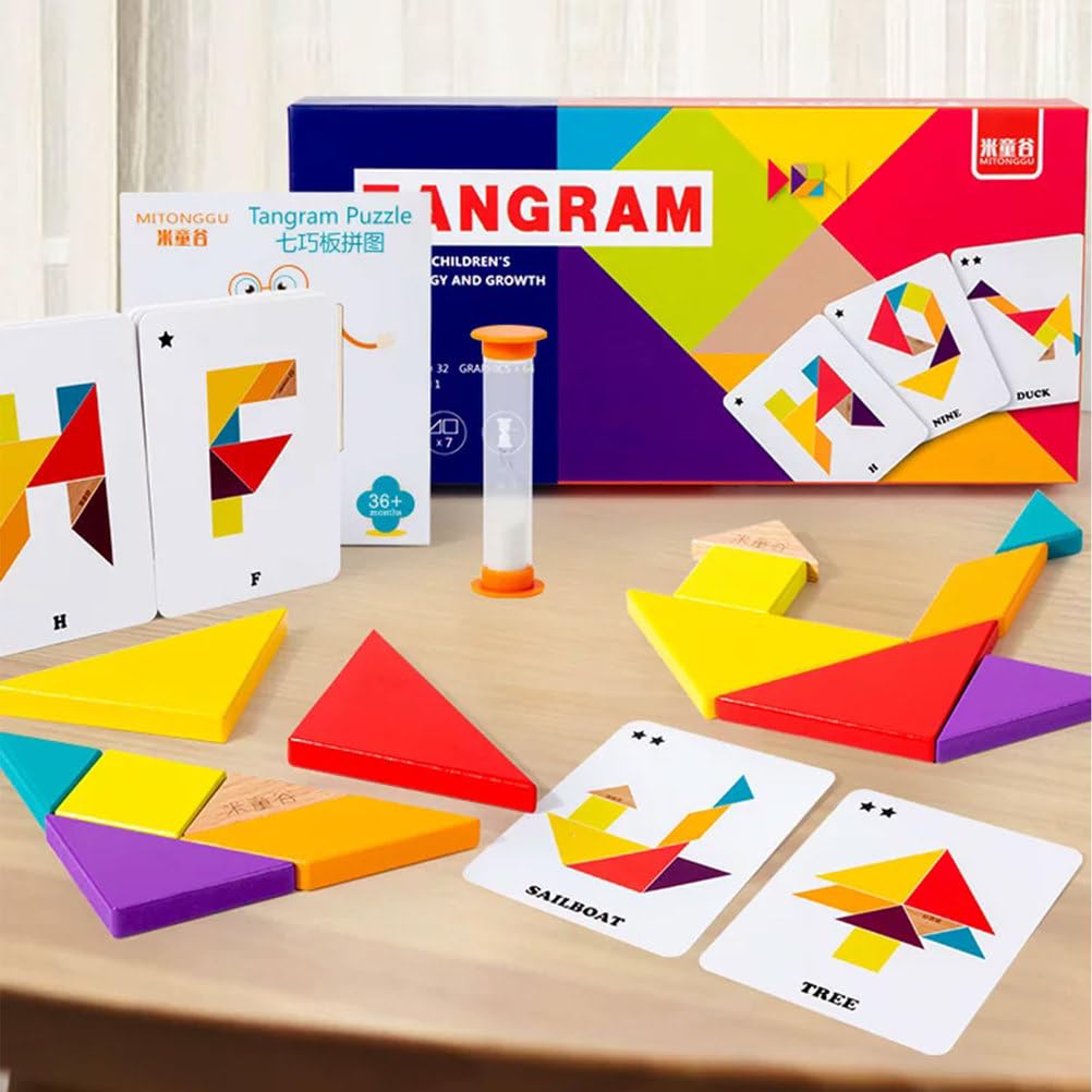 Juego de Rompecabezas Tangram de Madera Montessori | Bloques Patrón Cerebral con Tarjetas de Desafío y Reloj de Arena, Juguete Educativo STEM para Clasificación Formas