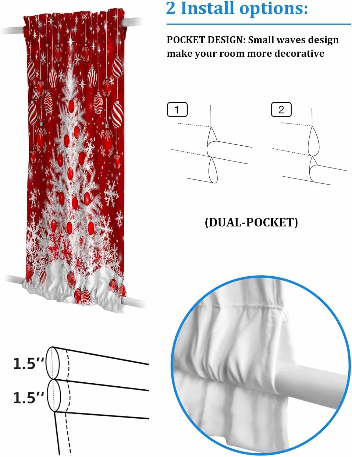 Christmas Tree Blackout Door Curtains for French, Glass,Front, Back, Patio Door, Thermal Insulated Rod Pocket Window Curtain Drapes with Tiebacks, Red Xmas Balls Star Snowflake 25"x72"