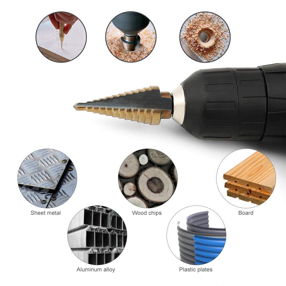 Loboo Idea 6 Pieces/Set Step Drill Bit Set & Automatic Center Punch, Double Cutting Blades, High Speed Steel, Short Length Drill Bits Set of 5 pcs, Total 50 Sizes with Aluminum Case (6 Pieces/Set)