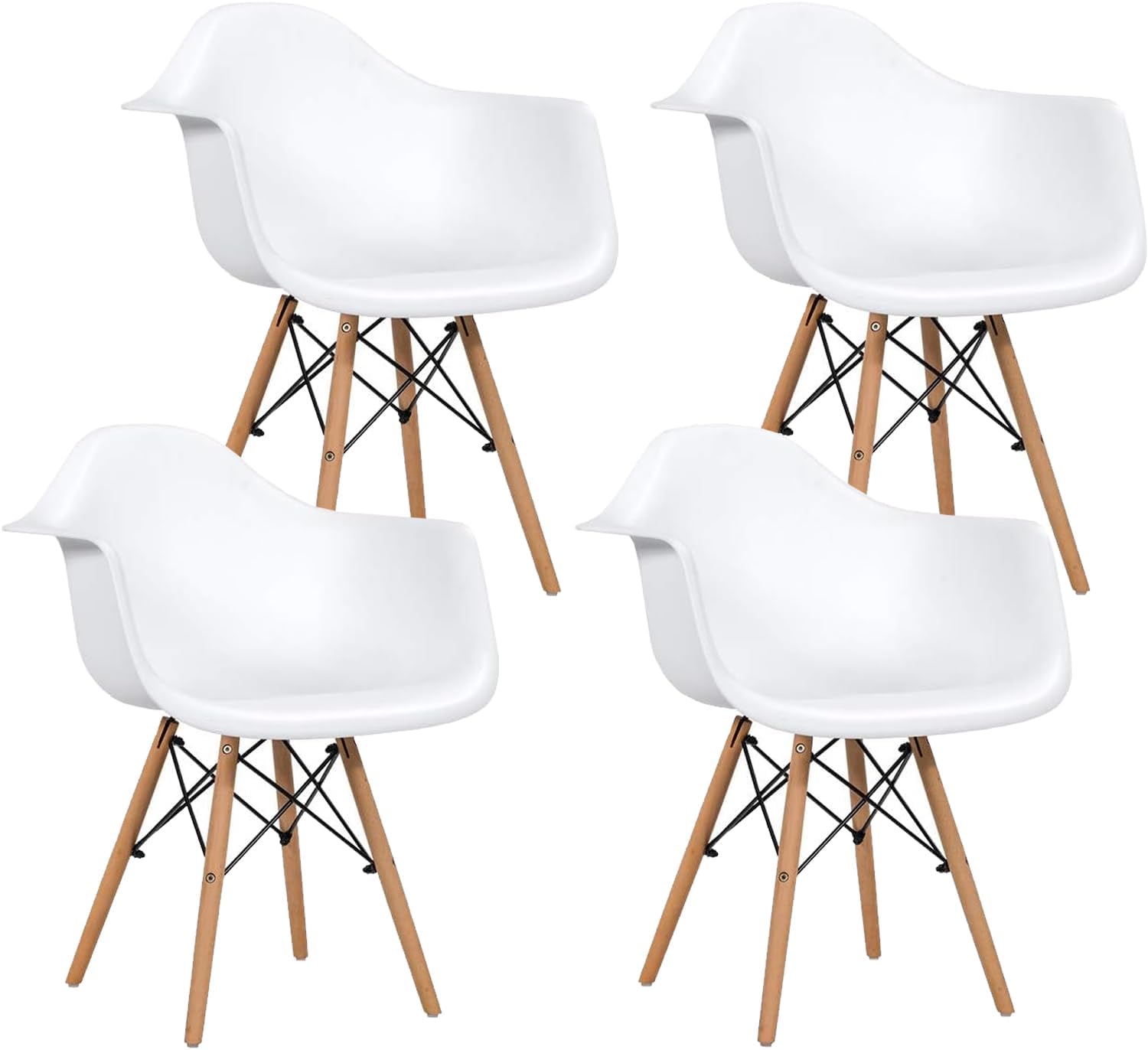 Mahmayi Furniture Set of 4 White - Eames Style Armchair with Natural Wood Legs Eiffel Dining Room Chair - Lounge Chair Arm Chair Arms Chairs Seats Wooden Wood Leg Base Molded Plastic