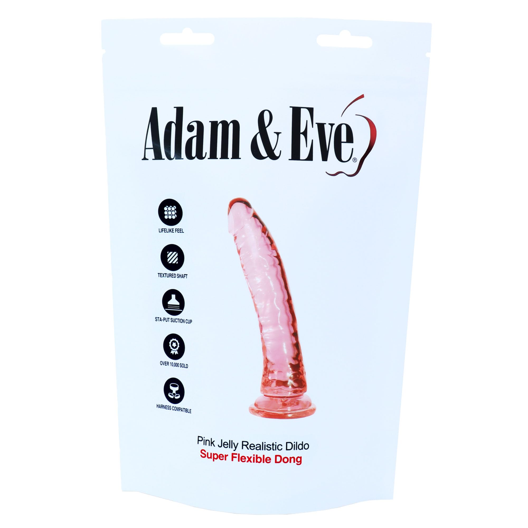 Adam &amp; Eve Pink Jelly Realistic Dildo Suction Cup Base Hands Free Play Flexible Shaft Textured Veins for Added Stimulation Harness Compatible Waterproof Beginner and Couples Friendly 8.25 Inch