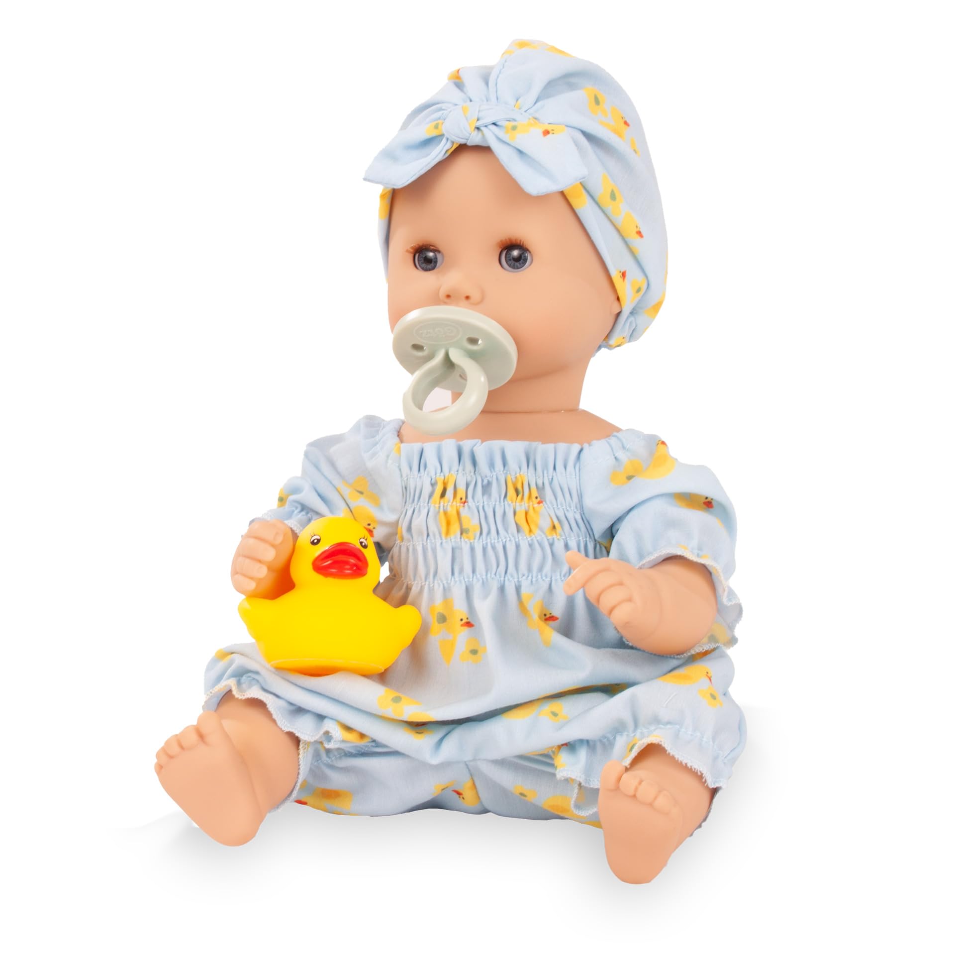 Götz 2653163 Sleepy Aquini Girl Set Little Duck Puppe 33 cm Badepuppe 9-TLG | für Kinder ab 3 Jahren, Babypuppe, ohne Haare, Hartkörper, blaue Schlafaugen, Trink-/Töpfchenfunktion, Badewanne und Badeente
