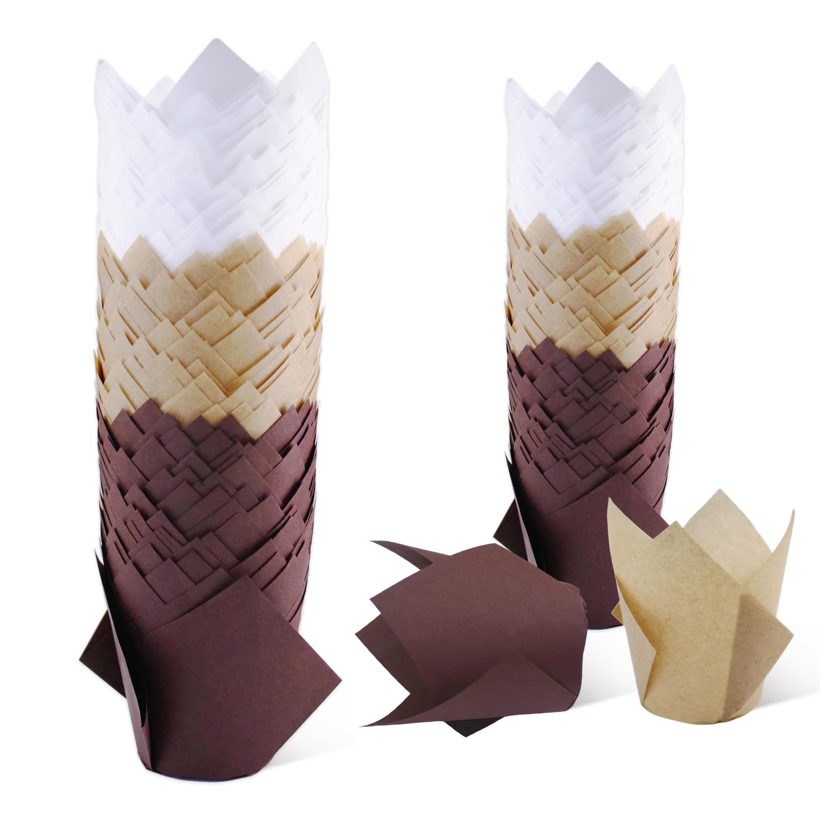 150pcs Tulip Cupcake Liners - Muffin Paper Baking Cups, Greaseproof Wrapper Holders for Birthday, Wedding, Party, Baby Showers, Catering, Restaurants(Brown,White,Light Brown)