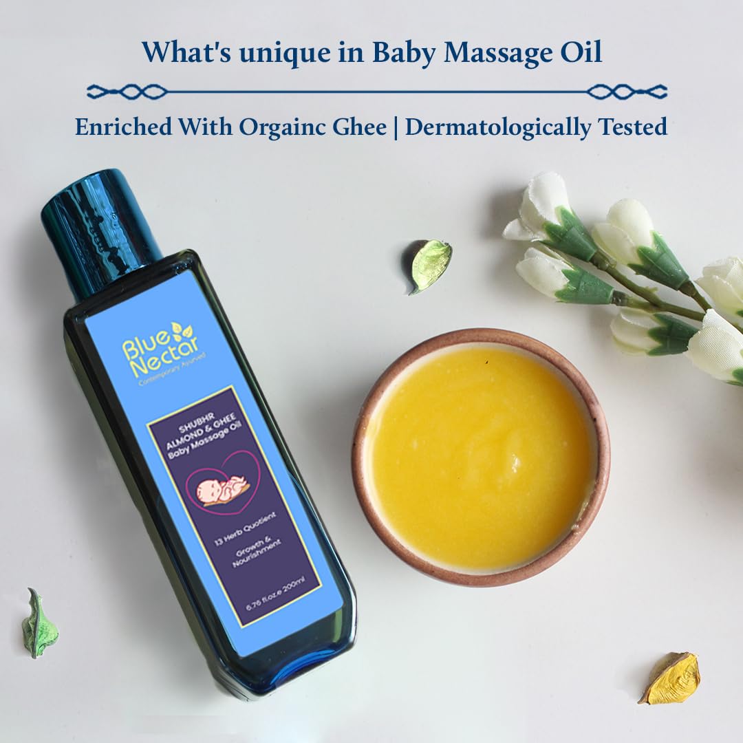 Blue Nectar Baby Massage Oil with Organic Ghee, Almond Oil, Coconut Oil (6.76Fl Oz) with Gentle Baby Hair Oil (3.38 Fl Oz