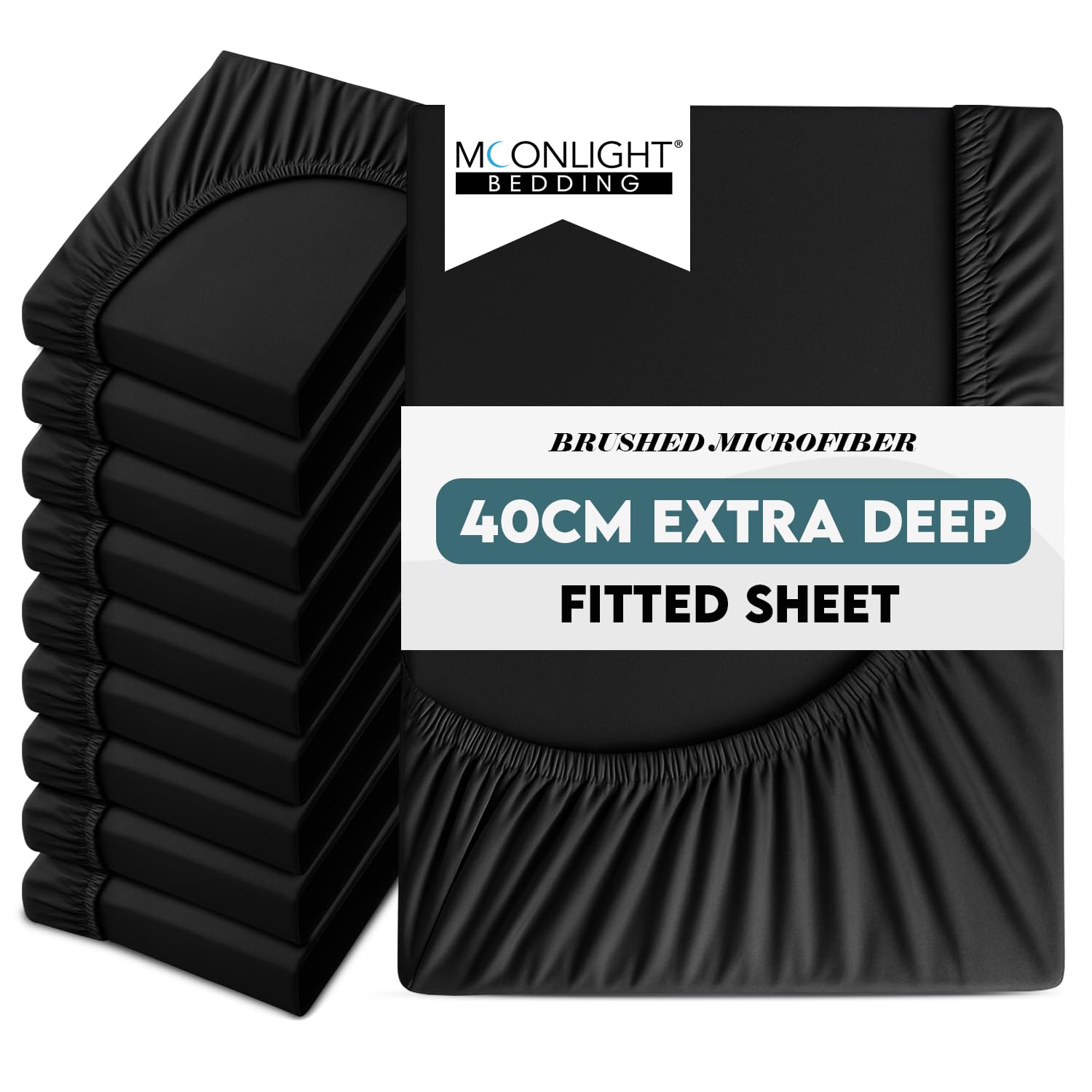 Moonlight Bedding Fitted Sheets King Size 10 Pack 40CM Black Bed Sheet with Elastic Corners 16 Inch Extra Deep Pocket Brushed Microfiber Easy Care Breathable Shrinkage Fade-Resistant Bedsheets