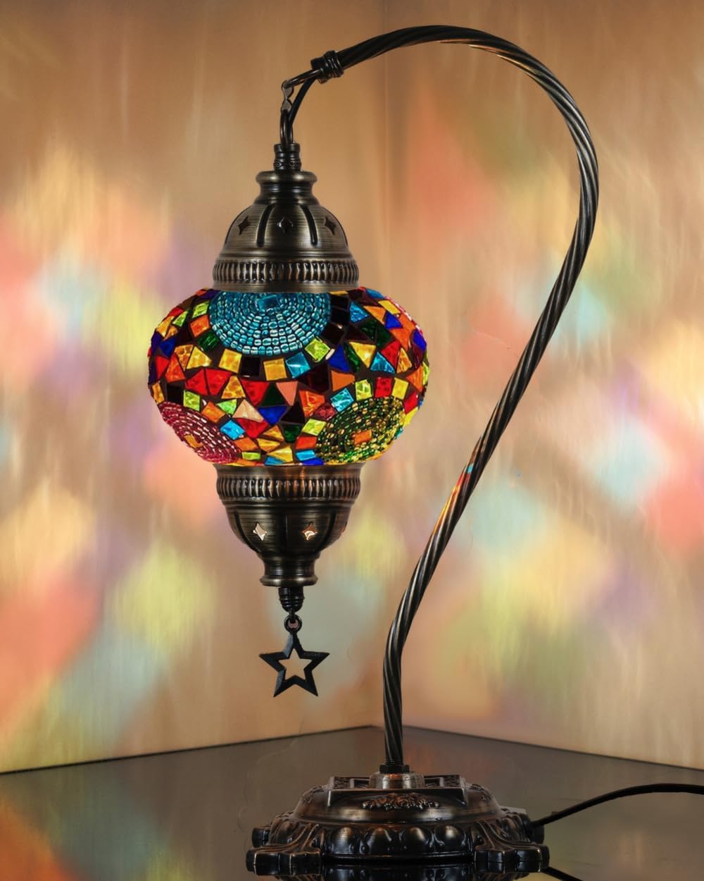 DEMMEX Turkish Table Lamp Moroccan Bedside Light Handmade Tiffany Mosaic Glass Boho Artisan Accent Lighting for Bedroom Living Room, Antique Brass Finish  15" H, Multicolor